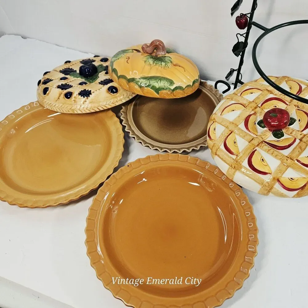 Vtg 3 Tier Iron Serving Stand Ceramic Decorative Covered 3D Pie Keeper Apples